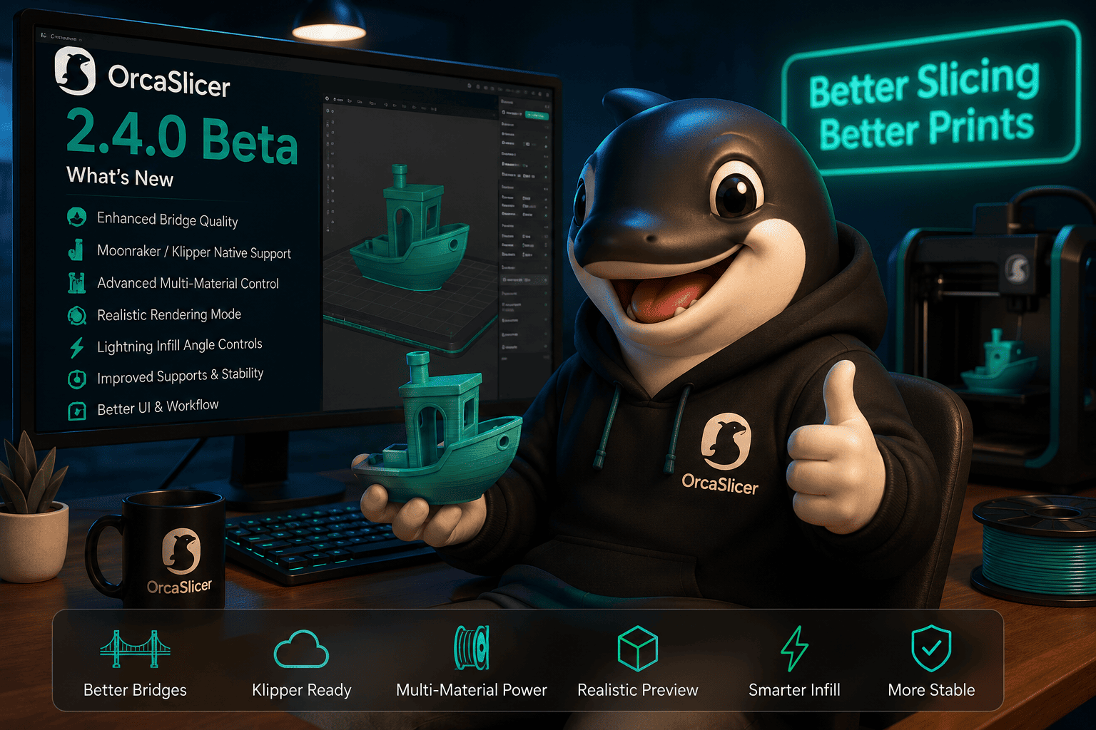 OrcaSlicer 2.4.0 Beta: большое обновление с улучшенными мостами, Klipper/Moonraker, Creality K-series и multi-material печатью