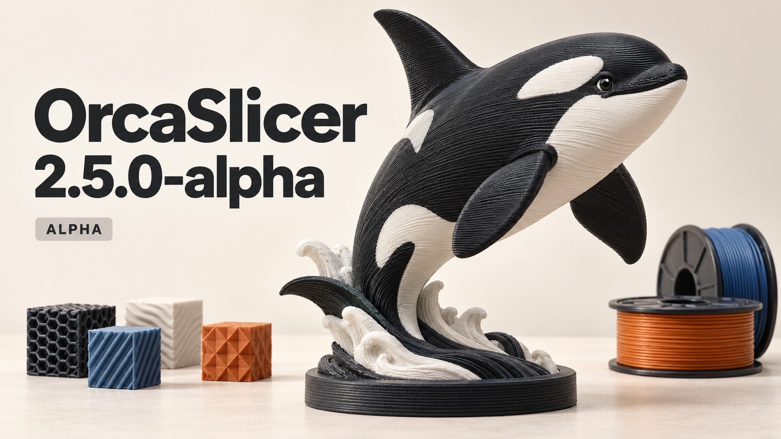 OrcaSlicer 2.5.0 Alpha: косатка из слоёв пластика и образцы рельефных текстур